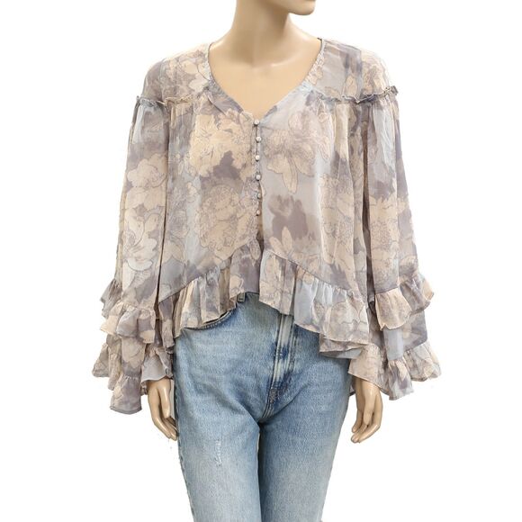 Free People Tops - Free People Floral Printed Top Ruffle Sheer Long Sleeve High Low XS NEW 281366